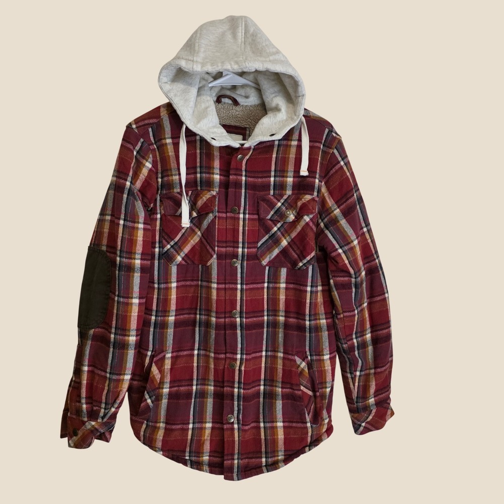 Legendary Whitetails Mens Shirt Jacket Small Plaid Sherpa Lined Hooded Elbow